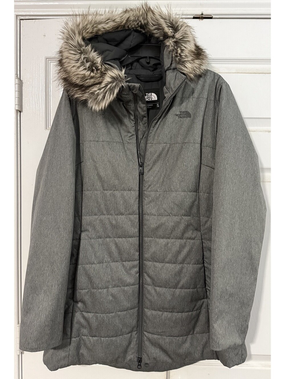 The North Face Harway Insulated Parka Women Gray Faux Fur Quilt Hooded Jacket XL